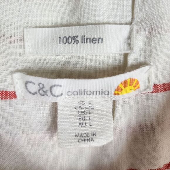 C&C California Top White Linen Red Stripes Sleeveless Button Up Shirt Blouse L - Picture 2 of 14